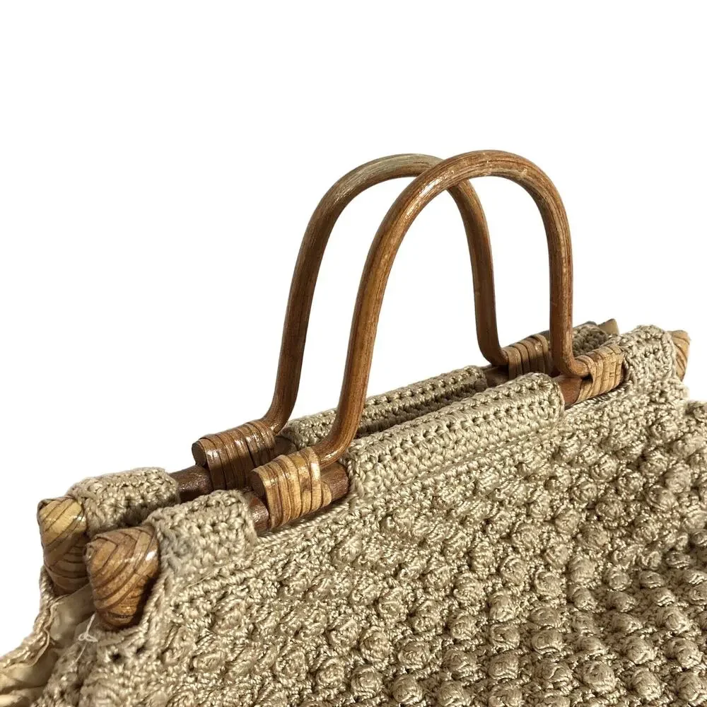 Vintage Crochet Wood Handle Handbag Tan Bauble Bubbles Lined Retro Neutral Beige